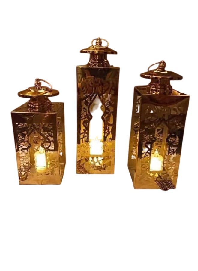 Ramadan Decor Lanterns Set, Metal, Gold Glitter, 3 Pieces, Islamic Ethnic Design, Free Standing - Image 3